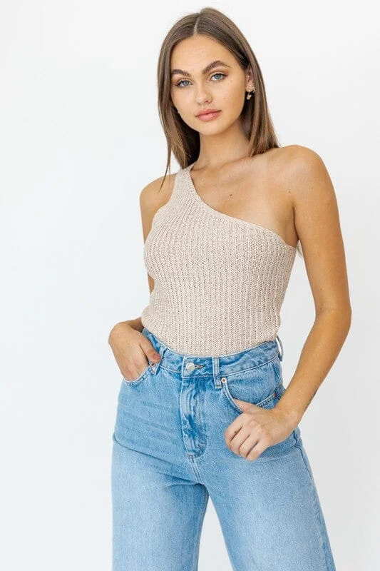 ONE SHOULDER TAPE YARN KNIT TOP Patterned Knit Tee