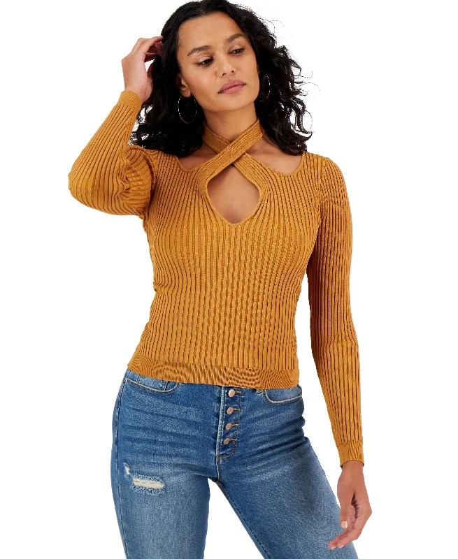 Women's Gianna Crisscross Ribbed-Knit Top Gold Knit Top