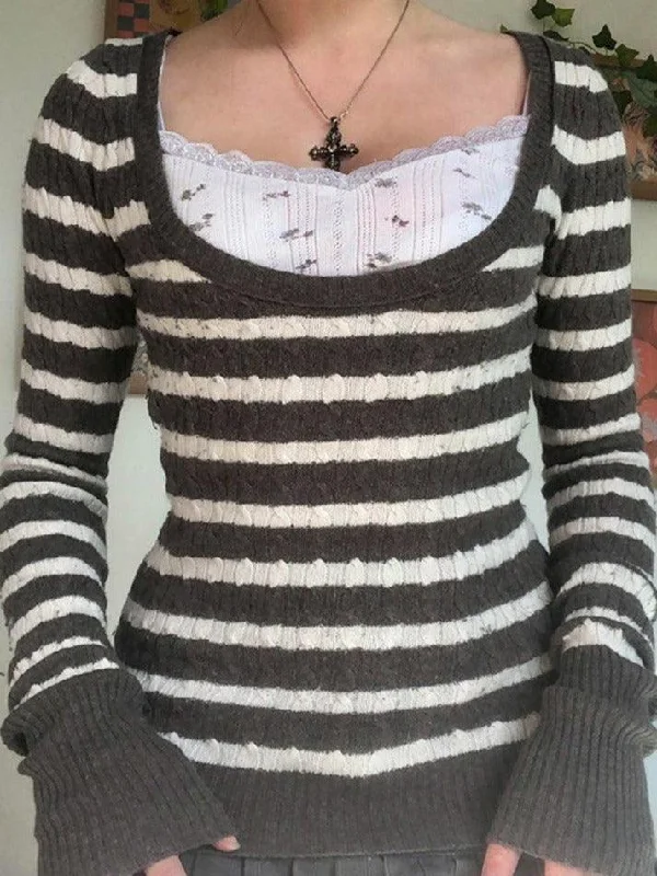 Brown Striped Cable Knit Top High-End Knit Shirt