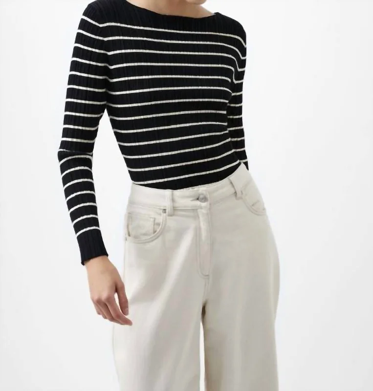 Stripe Crinkle Knit Top In Black/cream Stripe Navy Blue Knit Tee