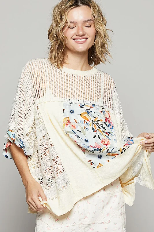 POL Hollow Out Floral Half Sleeve Knit Top Vintage Knit Top