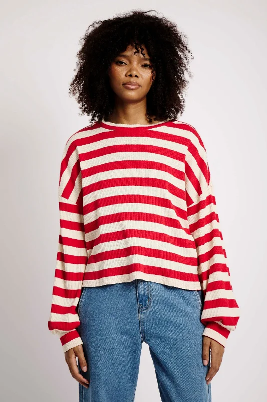 The Slouchy Rib Knit Top in Red and Cream Stripe Organic Knit Top