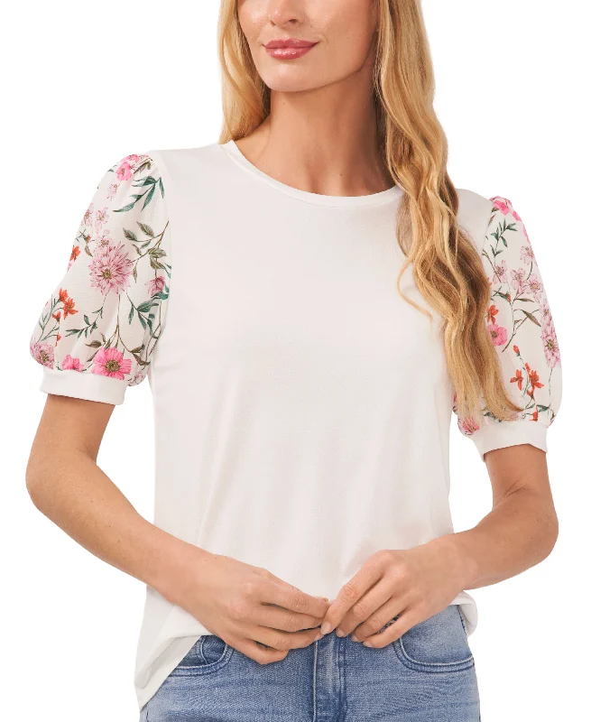 Women's Floral Mixed Media Short Puff Sleeve Knit Top Classic Knit Tee