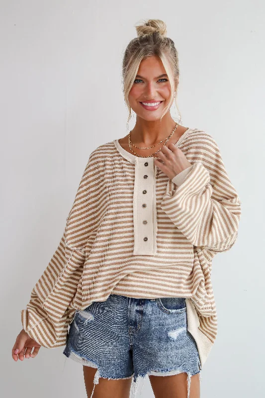 Enviably Cozy Cream Striped Oversized Waffle Knit Top Geometric Knit Tee