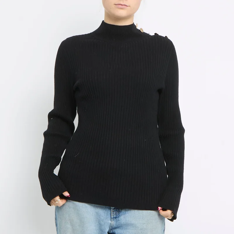 Turtle Neck Ribbed Knit Top - UK 14 Off Shoulder Knit Top