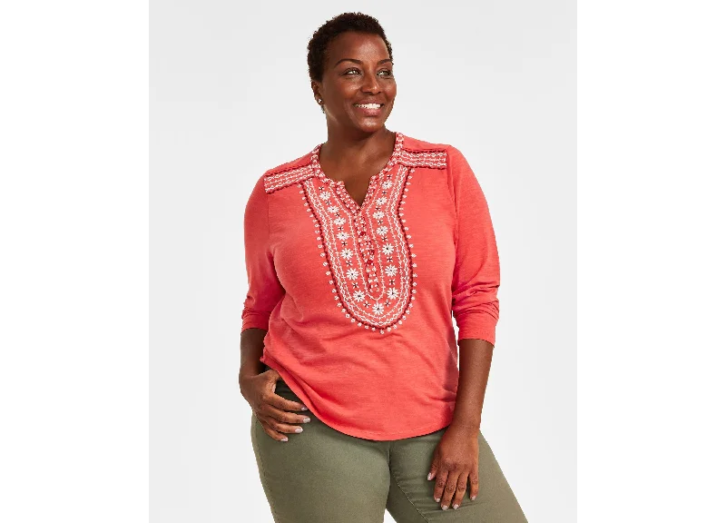 Plus Size Embroidered Knit Top Bronze Knit Blouse