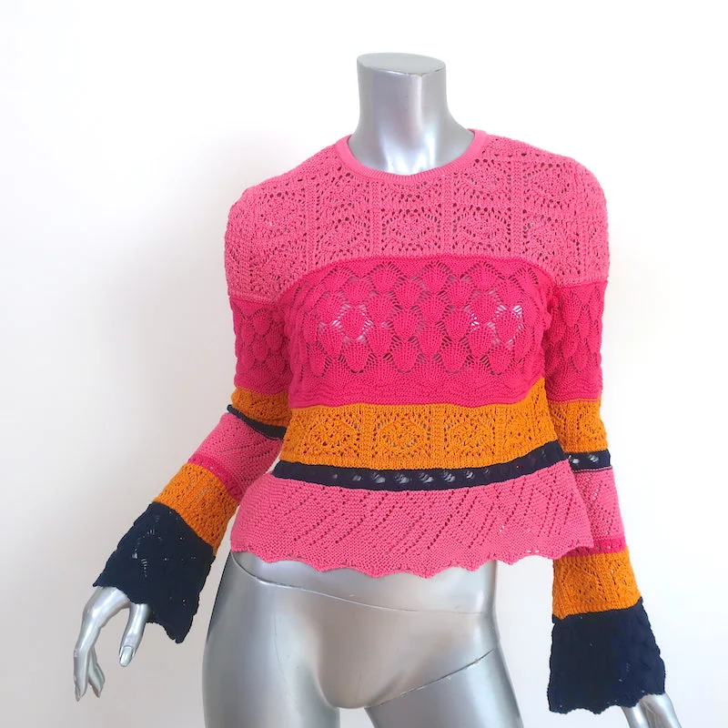 Carolina Herrera Colorblock Crochet Knit Top Pink/Yellow Cotton Size Small Lightweight Knit Tee