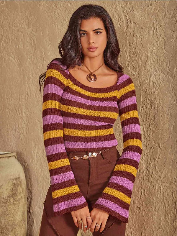 Striped Boat Neck Flare Sleeve Knit Top Chic Knit Top