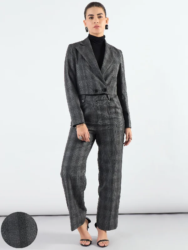 Stylish Grey Notched Lapel Checkered Warm Crop Blazer With Trouser Women's Elegant Suit