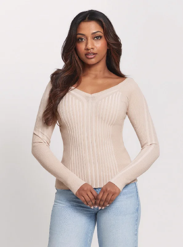 Beige Allie Long Sleeve Knit Top Designer Knit Top