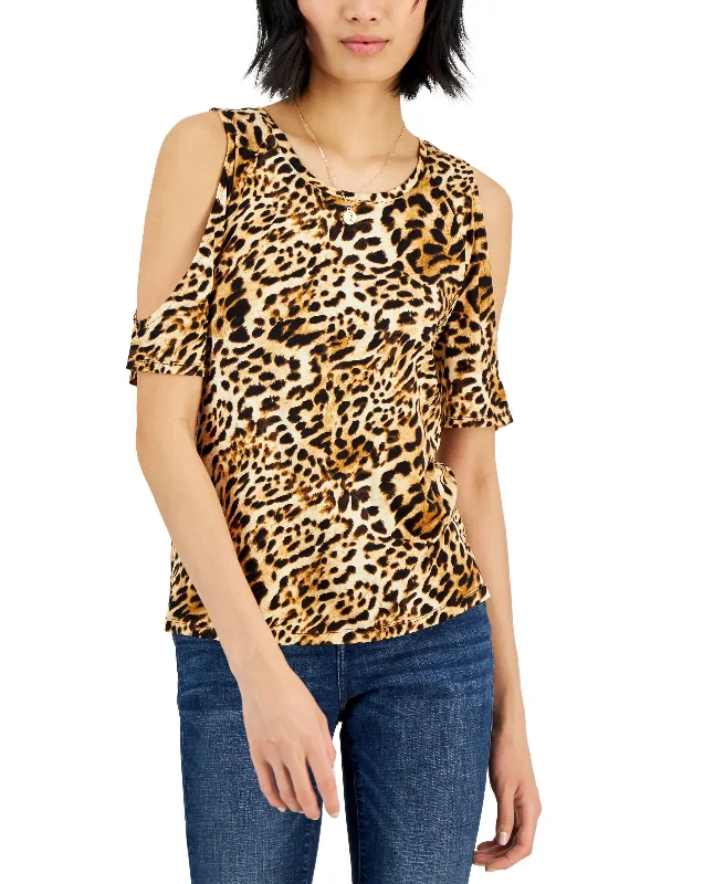 INC International Concepts Womens Leopard Printed Cold Shoulder Knit Top Autumn Knit Shirt