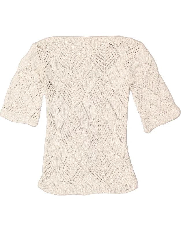 VINTAGE Womens See Through Knit Top UK 10 Small White Cream Knit Top