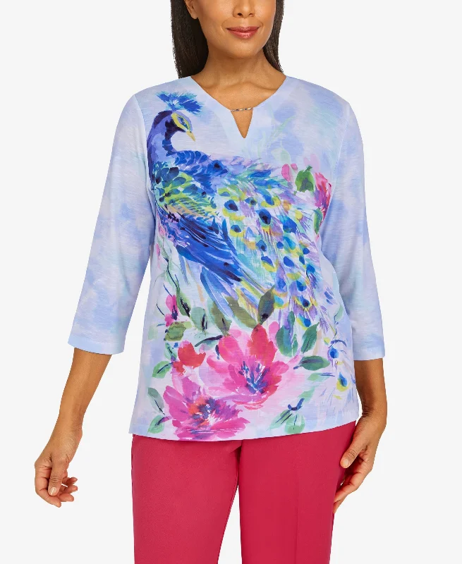 Womens Happy Hour Watercolor Peacock Knit Top Pastel Knit Top