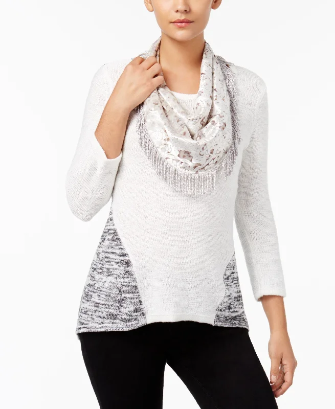 Style & Co Colorblocked Knit Top Removable Scarf Silk Knit Top