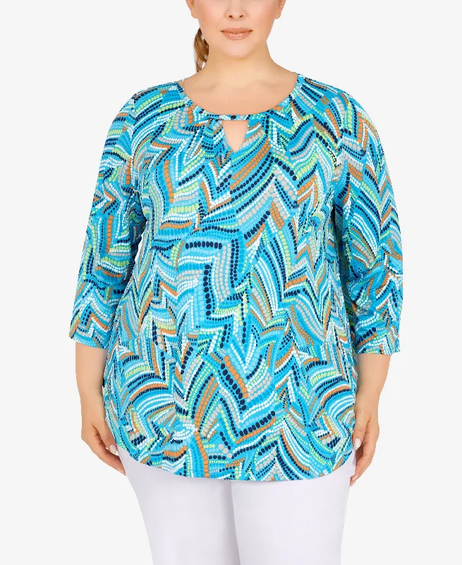 Plus Size Geometric Leaves Puff Print Knit Top Elegant Knit Top