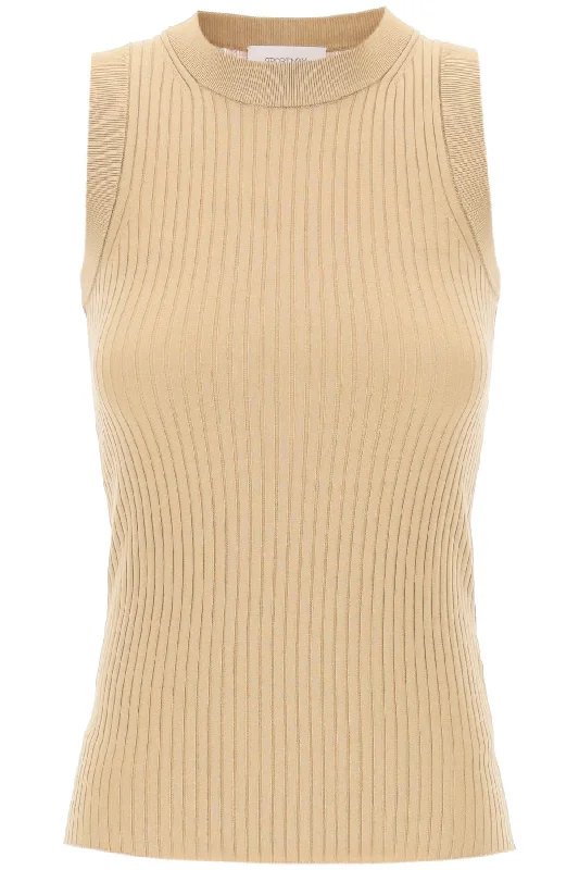 Sleeveless Ribbed Knit Top  - Beige Designer Knit Top