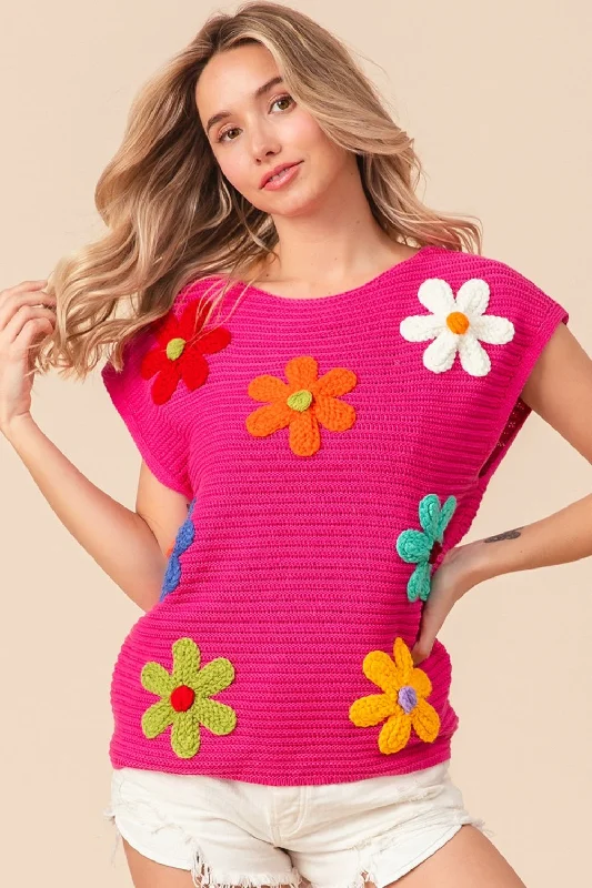 Flower Accent Knit Top - Fuchsia Pink Spring Knit Blouse