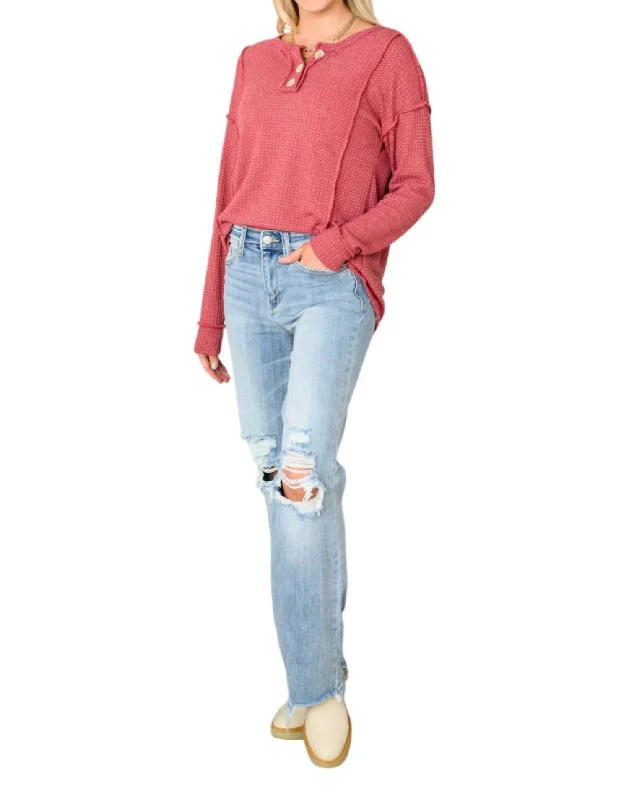 Waffle Knit Top Long Sleeve In Pink Casual Weekend Knit Top