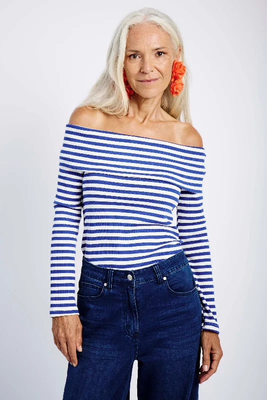 Off the Shoulder Knit Top in Blue and Bone Stripe Minimalist Knit Blouse