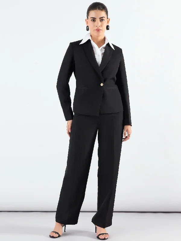 Chic Black Asymmetric Blazer Styled With Fitted Trouser Women's Boutique Suit