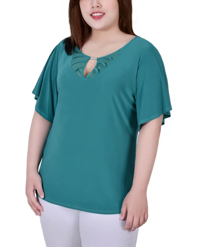 Plus Size Short Flutter Sleeve Knit Top Ruby Red Knit Shirt