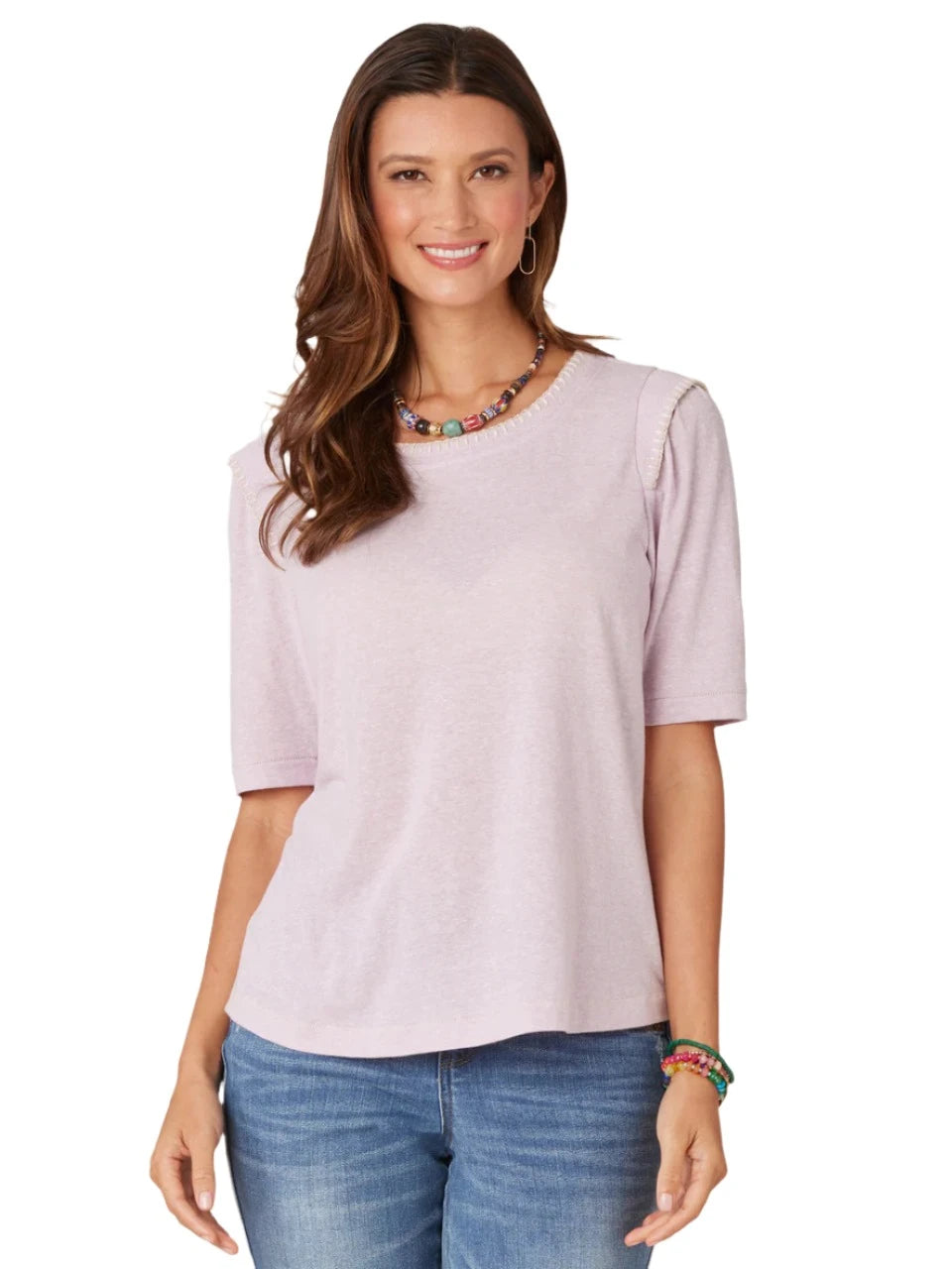 Democracy Womens Elbow Sleeve Flange Shoulder Scoop Neck Contrast Embroidery Knit Top Cream Knit Top