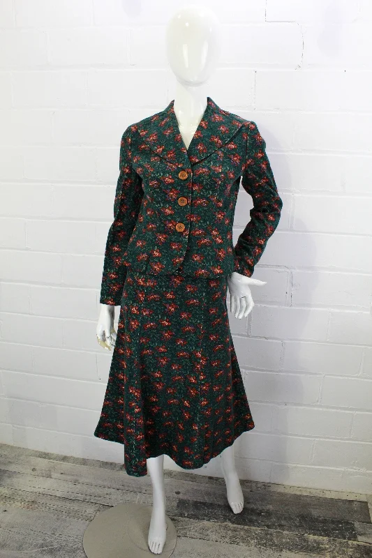 Vintage 1970s Corduroy Skirt Suit, Blazer and A-line Skirt, Teal Floral Print Corduroy, Deadstock, Small Women's Unique Blazer