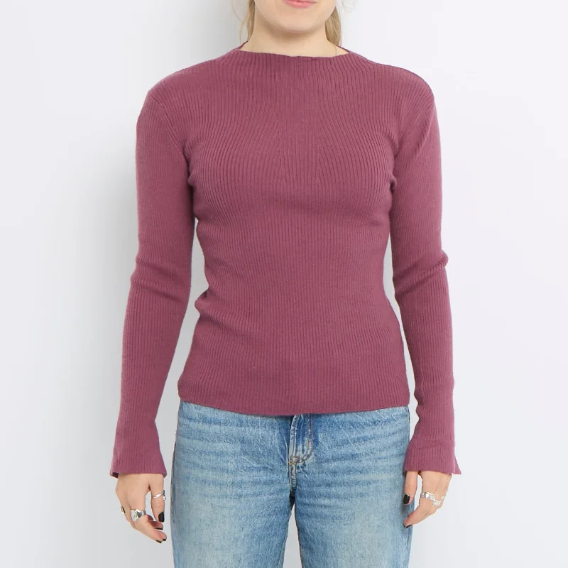 High Neck Ribbed Knit Top - UK 10 Short Sleeve Knit Top