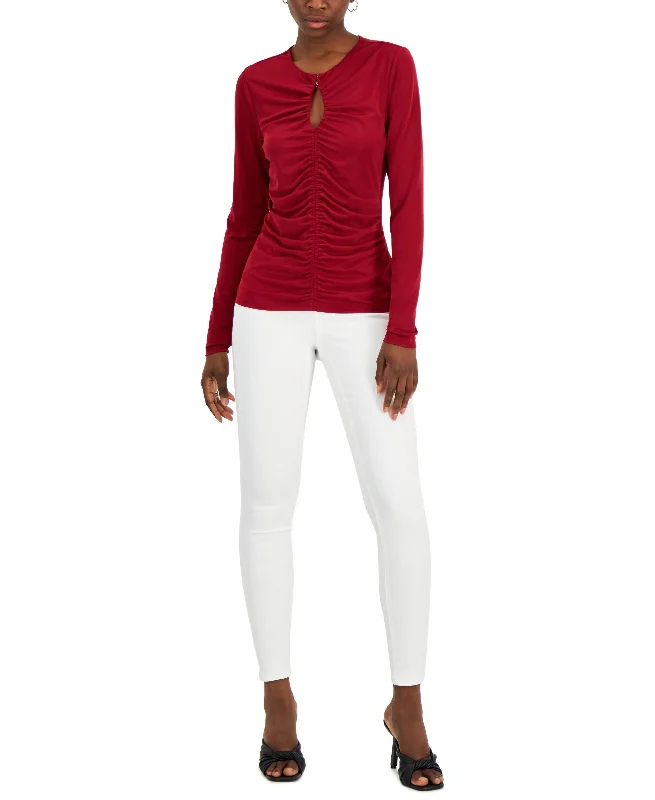 INC International Concepts Womens Solid Ruched Front Keyhole Knit Top Linen Knit Blouse