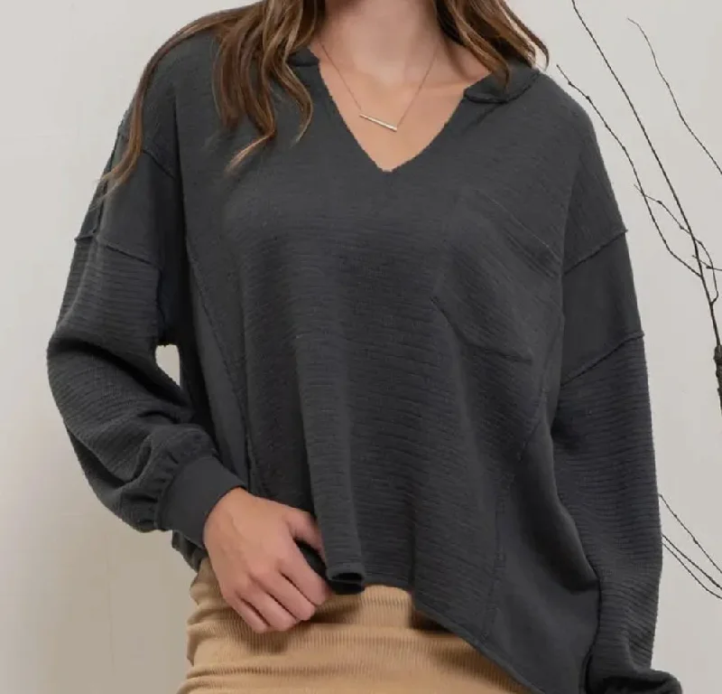 Solid Patchwork Split Neck Knit Top Asymmetrical Knit Blouse