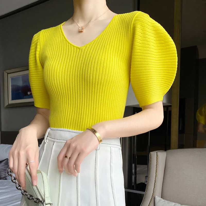 V-Neck Stretch Loose Puff Sleeve Knit Top Asymmetrical Knit Blouse