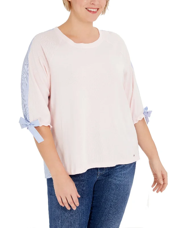 Tommy Hilfiger Plus Size Two Tone Tie Sleeve Knit Top Ribbed Knit Shirt
