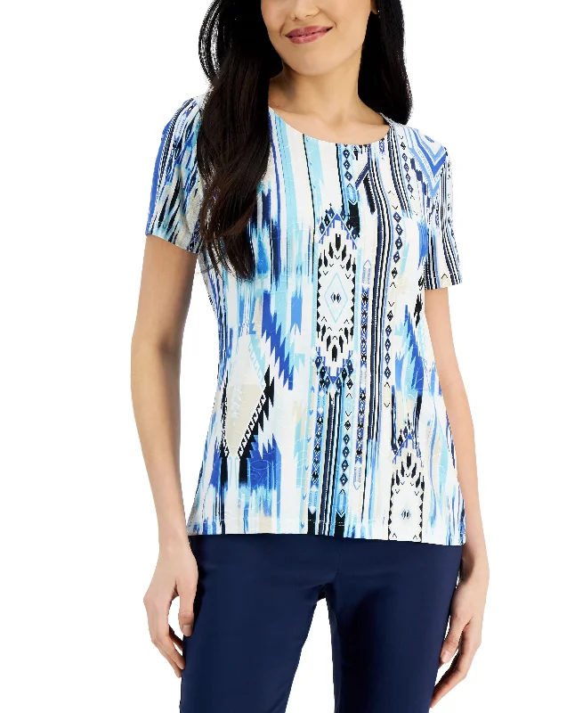 JM Collection Petite Dreamland Jacquard Knit Top Short Sleeve Knit Top