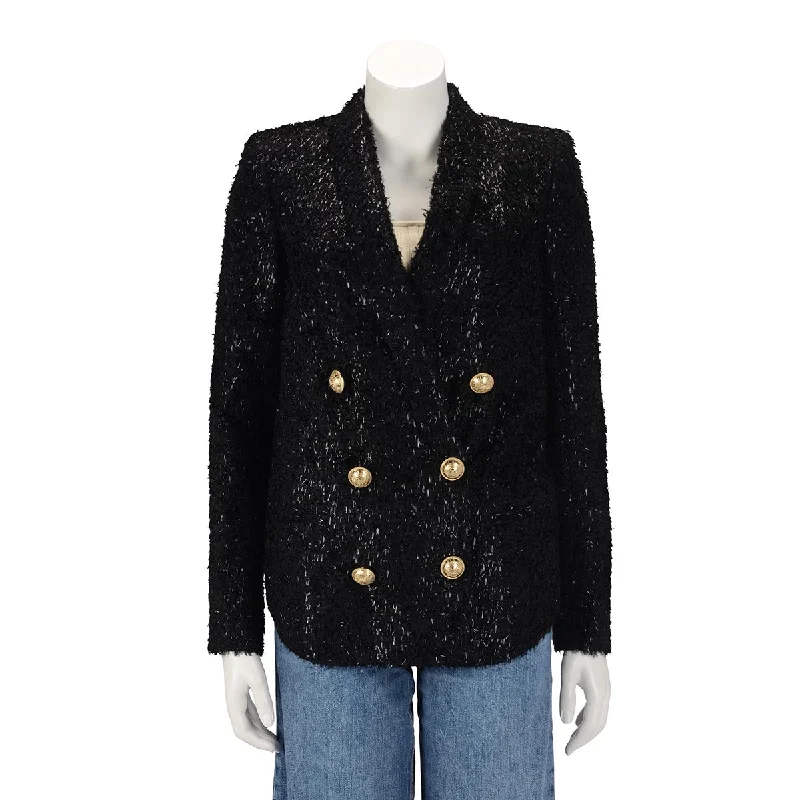 Balmain Black Fringed Lame Double Breasted Blazer FR 34 Women's Luxury Jacket