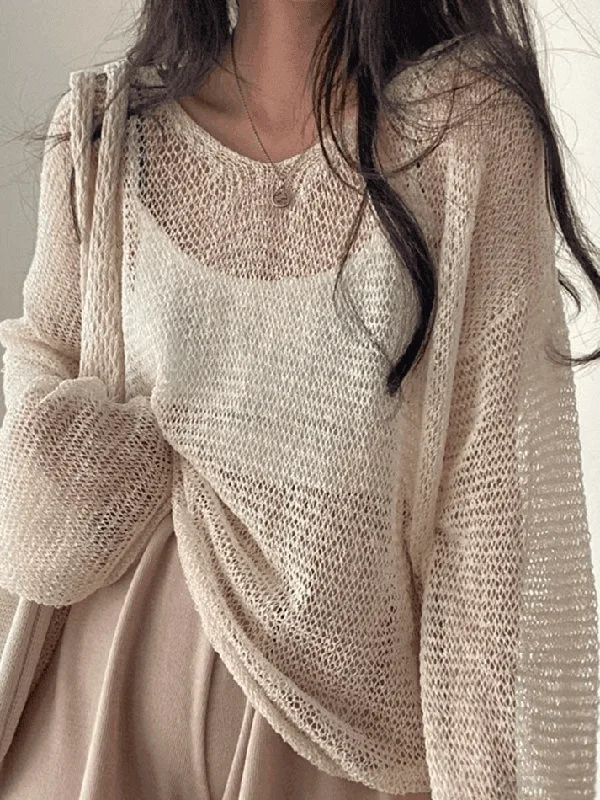 Oversized Long Sleeve Crochet Knit Top Comfortable Knit Tee