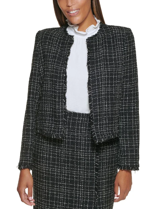 Petites Womens Wool Blend Tweed Open-Front Blazer Women's Luxurious Suit