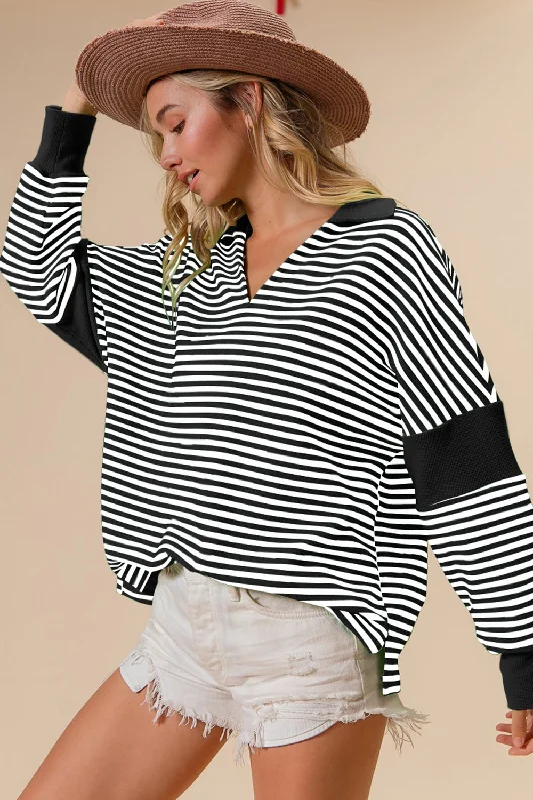 Striped Contrast Long Sleeve Knit Top - Black Polo Neck Knit Top