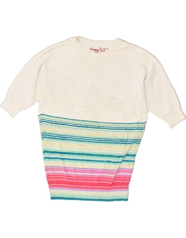 DESIGUAL Womens Knit Top UK 18 XL Off White Striped Viscose Jet Black Knit Tee