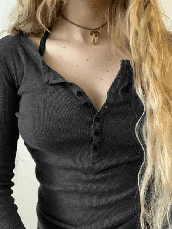 Button Down Long Sleeve Knit Top Casual Knit Blouse