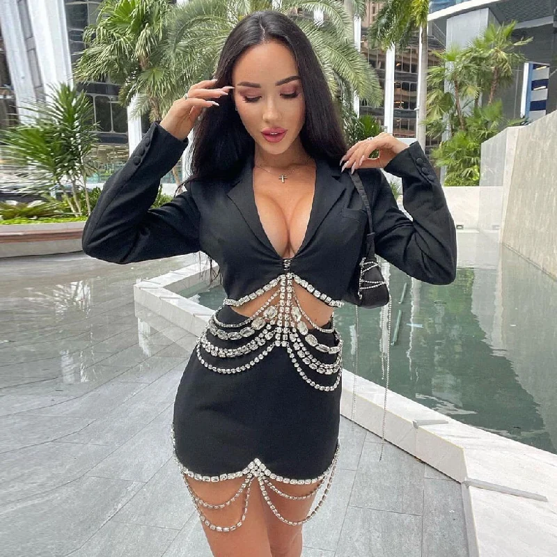 Sparkly Rhinestone Chain High Waist Deep V Blazer Matching Set - Black Women's Solid Blazer