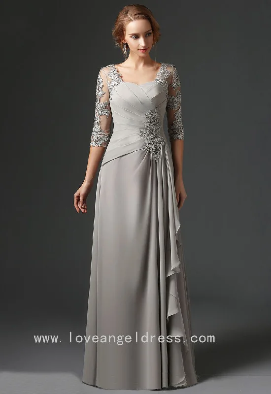 Floor Length Chiffon Gray Mother's  Formal Dress with Lace Sleeves