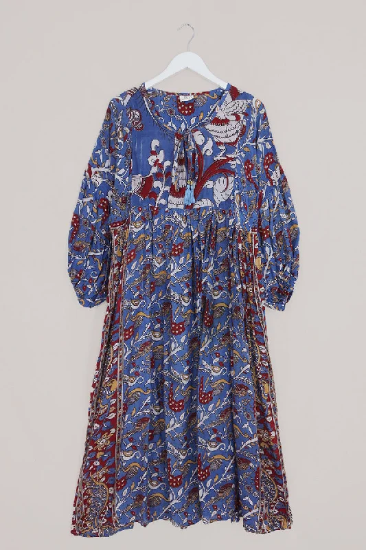 SALE Daisy Maxi Smock Dress - Denim Blue Peacock garden - Vintage Cotton - Size M/L