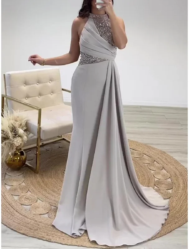 Sheath / Column Evening Gown Elegant Dress Formal Sweep / Brush Train Sleeveless Halter Neck Stretch Fabric with Pleats Ruched Crystals Sheath / Column Evening Gown Elegant Dress Formal Sweep / Brush Train Sleeveless Halter Neck Stretch Fabric with Pleats Ruched Crystals
