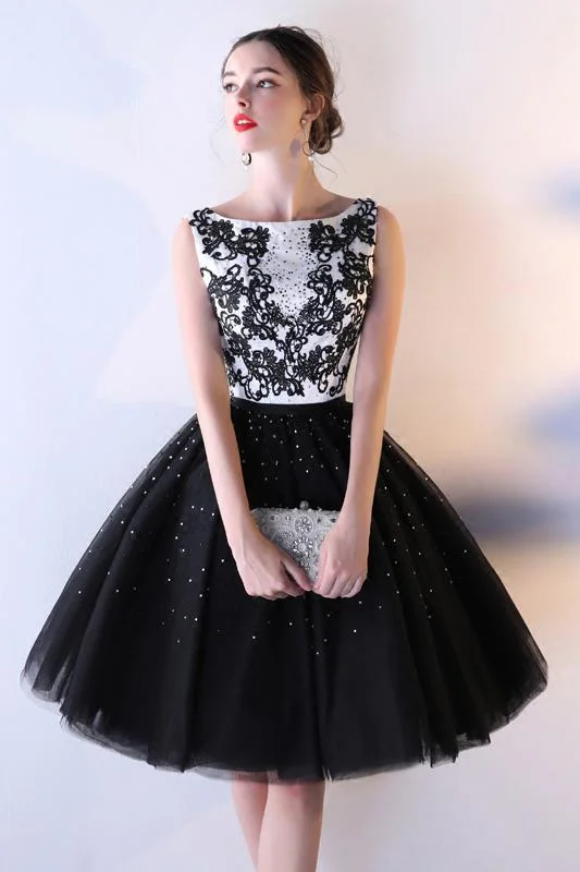 Black Tulle A Line Beading Short Bateau Homecoming Dresses With Lace Top DMC7