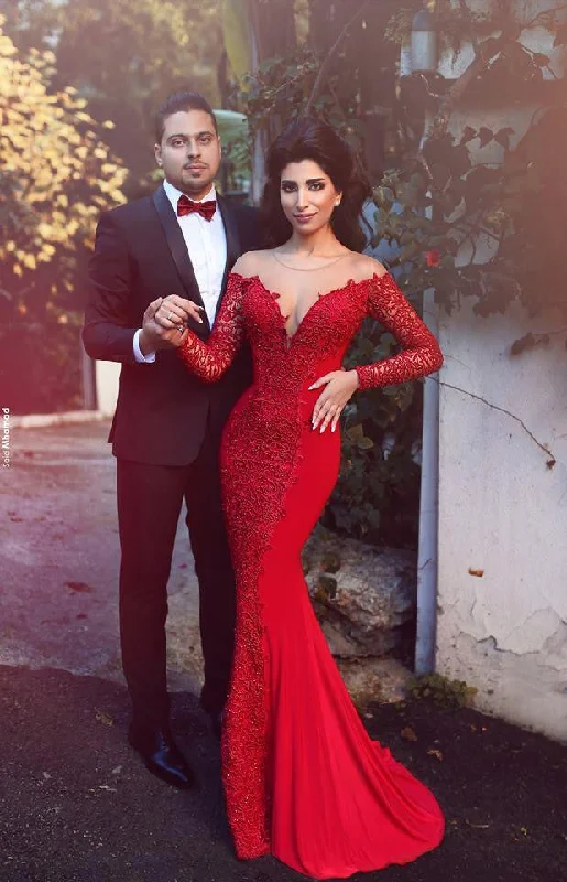 Sexy Red Long Sleeve Lace Evening Dress Mermaid Zipper Button Back-318487