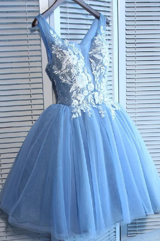 Blue Tulle A Line Lace Appliques Short Homecoming Dresses DMC51