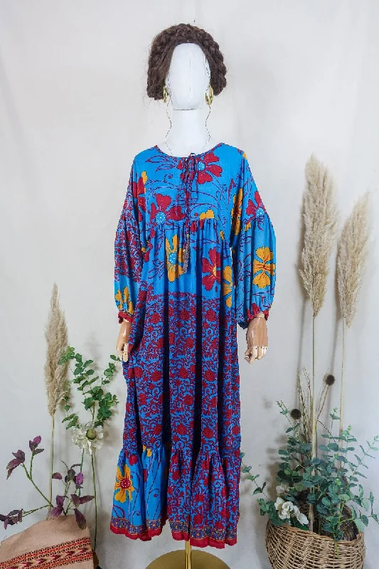 Poppy Smock Dress - Vintage Sari - Cyan Blue & Fiery Red Floral - XS