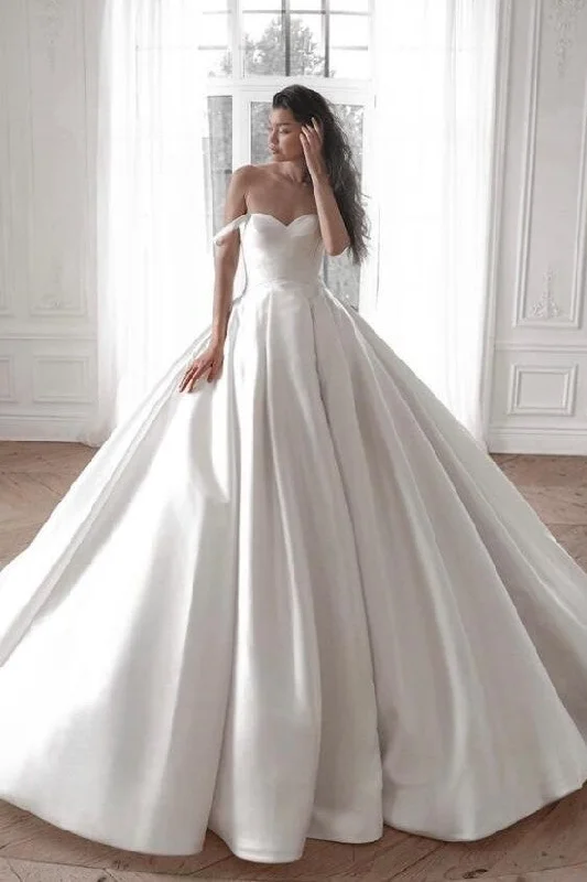 Full A-line Satin Bridal Dress with Off-the-shoulder Neckline