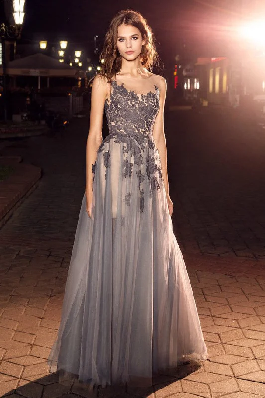 A-Line Maxi Bateau Sleeveless Tulle Low-V Back Evening Dress With Appliques And Pleats-MK_333464