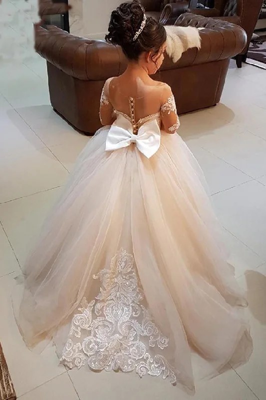 Princess Ball Gown Long Sleeves Tulle Long Flower Girl Dress with Lace Appliques DMB98